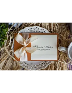 ZAPROSZENIA ślubne Perłowe Glamour Rude z kremową kokardą satynową