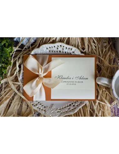 ZAPROSZENIA ślubne Perłowe Glamour Rude z kremową kokardą satynową
