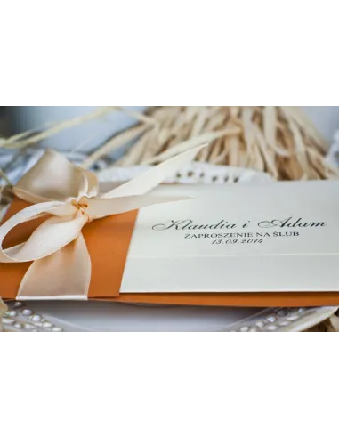 ZAPROSZENIA ślubne Perłowe Glamour Rude z kremową kokardą satynową