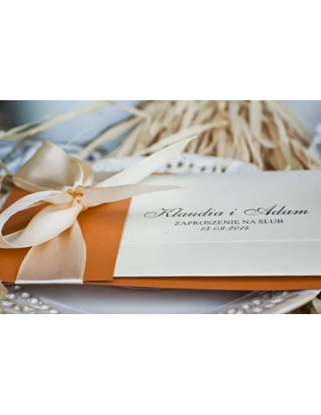ZAPROSZENIA ślubne Perłowe Glamour Rude z kremową kokardą satynową