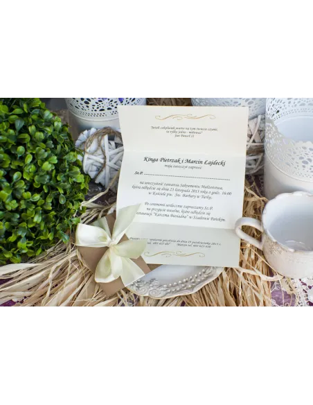 ZAPROSZENIA ślubne Perłowe Glamour Rude z kremową kokardą satynową