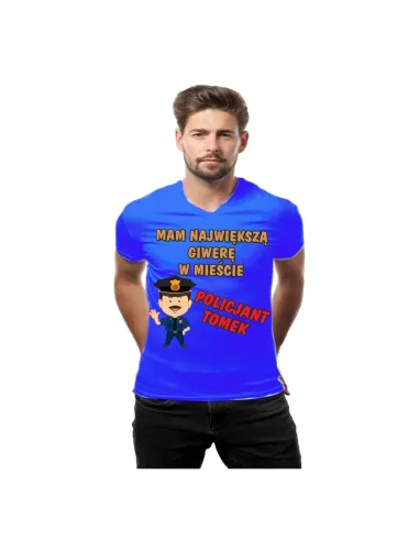 Koszulka z nadrukiem mam największą giwerę w mieście policjant