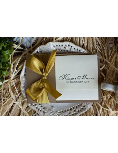 Eleganckie złoto perłowe zaproszenia Ślubne na Wesele z kokardą