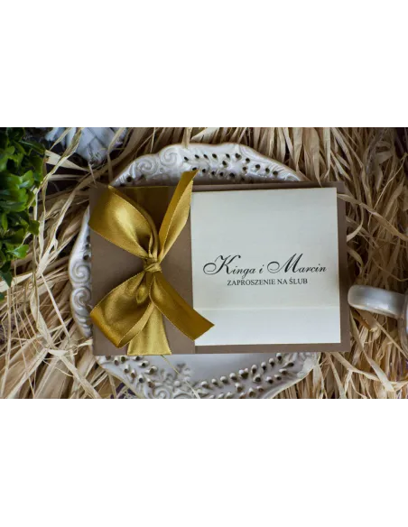 Eleganckie złoto perłowe zaproszenia Ślubne na Wesele z kokardą