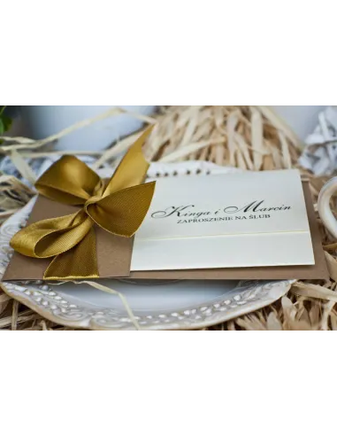 Eleganckie złoto perłowe zaproszenia Ślubne na Wesele z kokardą