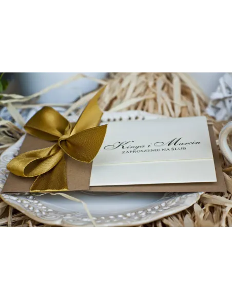 Eleganckie złoto perłowe zaproszenia Ślubne na Wesele z kokardą