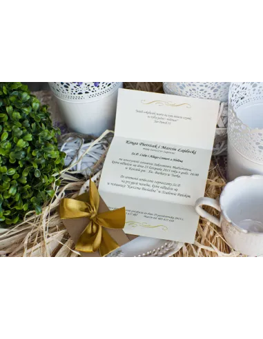 Eleganckie złoto perłowe zaproszenia Ślubne na Wesele z kokardą