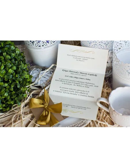 Eleganckie złoto perłowe zaproszenia Ślubne na Wesele z kokardą