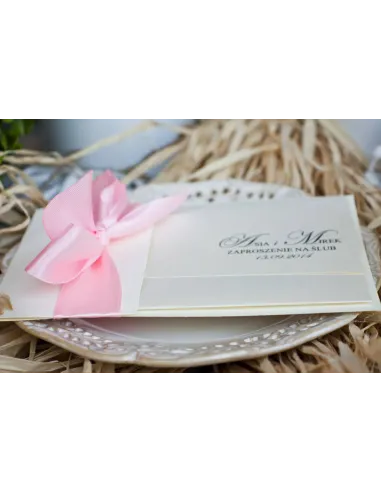 Zaproszenia Glamour na Ślub - perłowo różowe z papierem w prążki