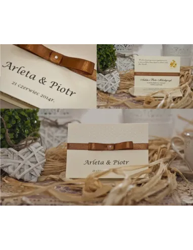 ZAPROSZENIA ślubne perłowe Glamour z wstążką i ornamentem