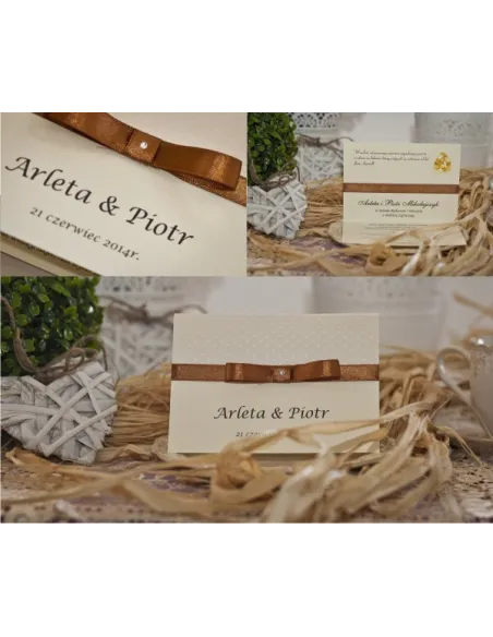 ZAPROSZENIA ślubne perłowe Glamour z wstążką i ornamentem