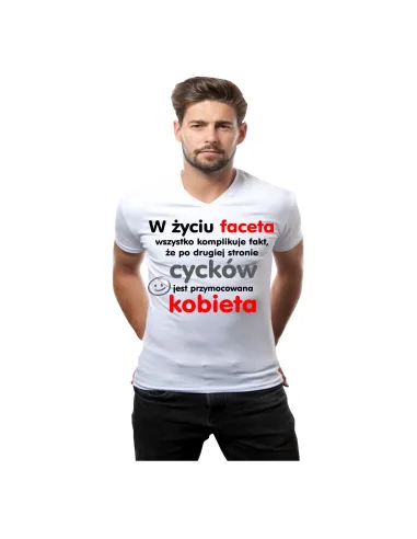 Koszulka z nadrukiem w życiu faceta wszystko komplikuje fakt, że po drugiej stronie cycków jest przymocowana kobieta