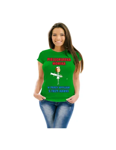 Koszulka z nadrukiem pielęgniarka imię w pracy wypijam s-trzy-kawki prezent dla pielęniarki