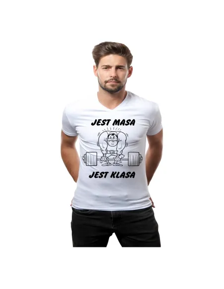 Koszulka na siłownię z nadrukiem jest masa jest klasa